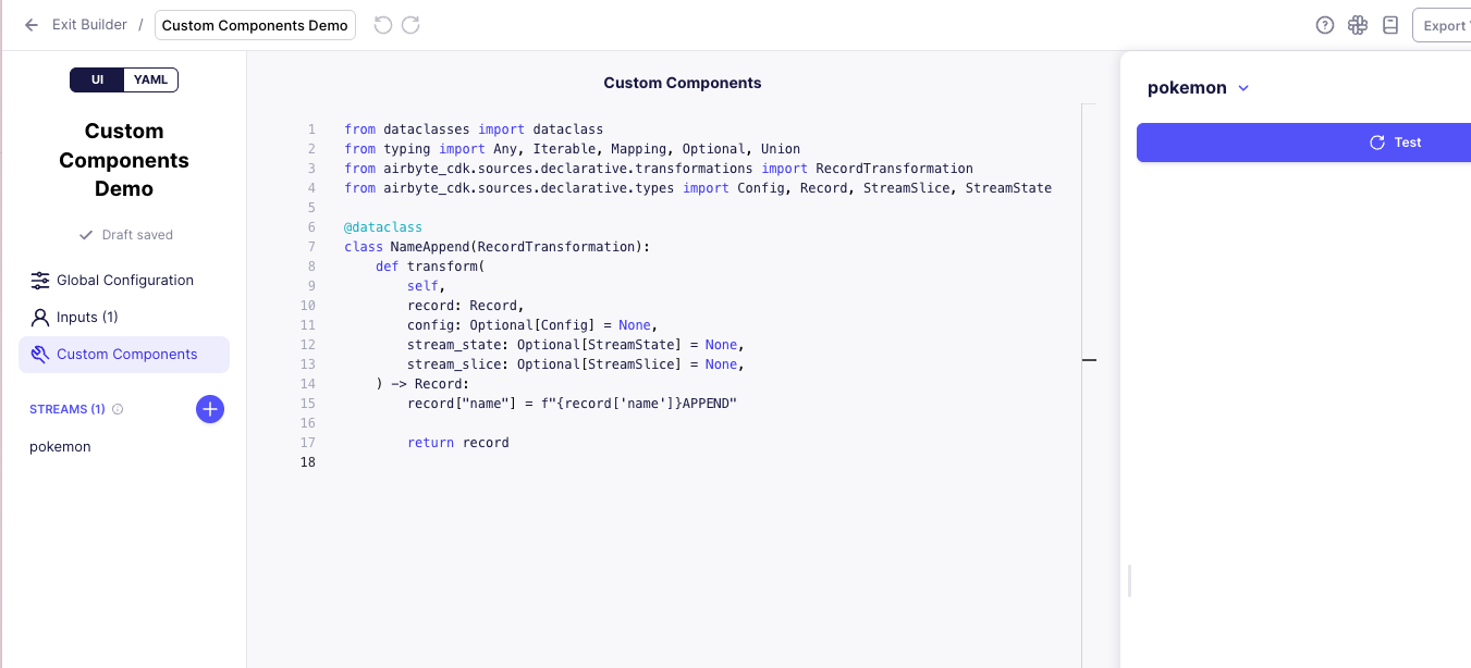 Custom Components interface in the Connector Builder UI